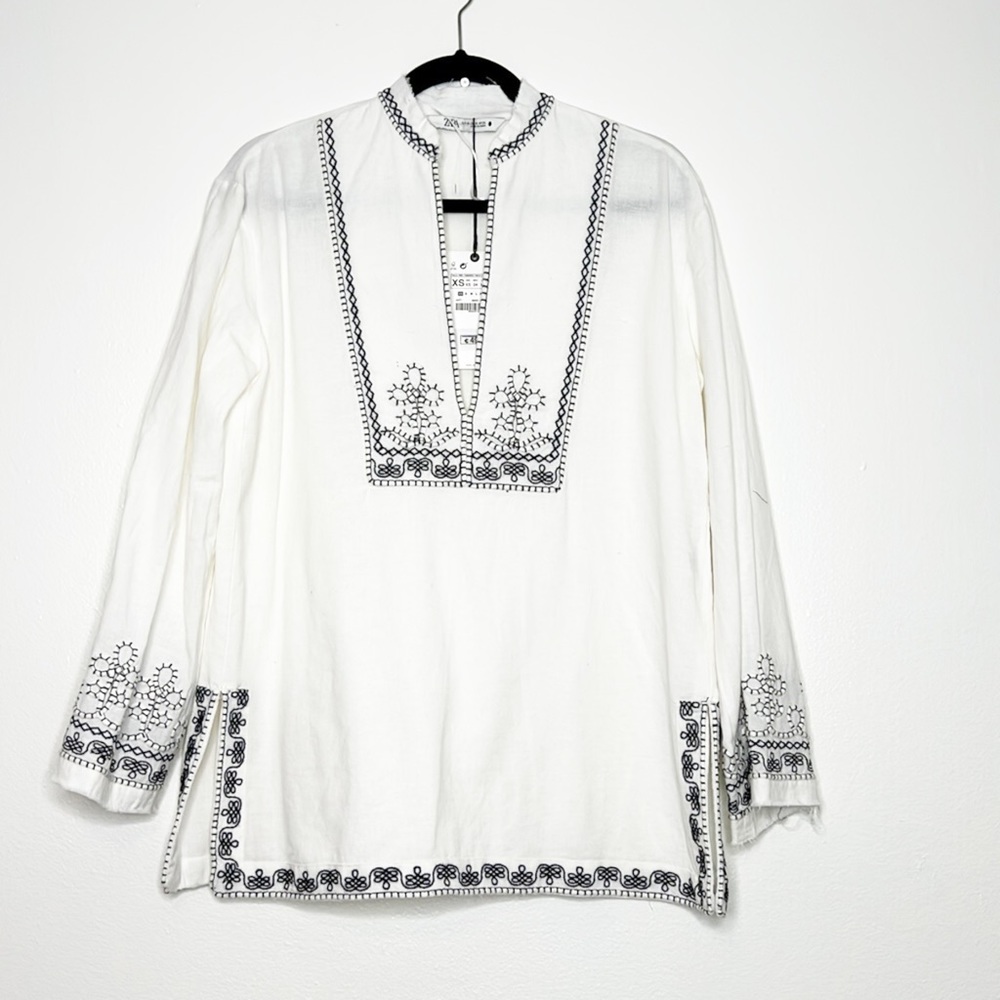 Zara White Black Embroidered Blouse.